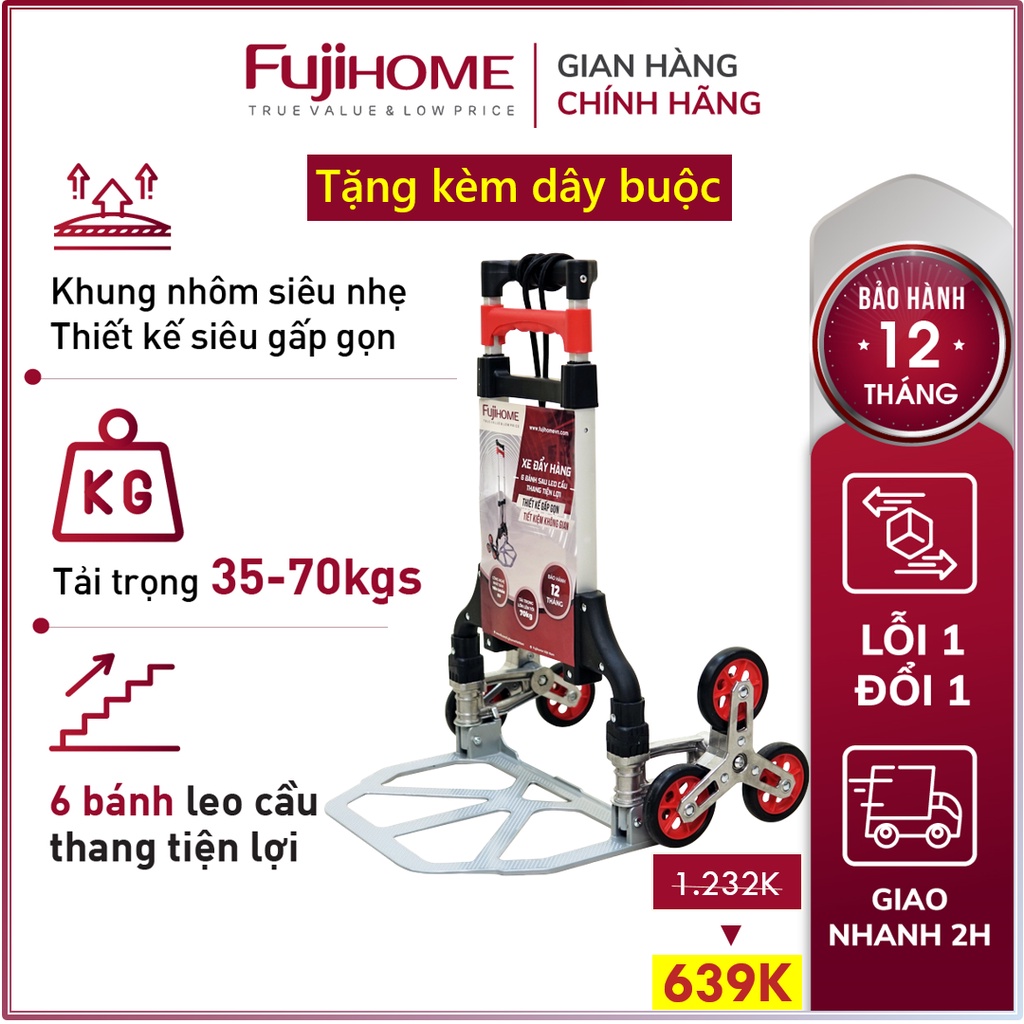 Xe kéo hàng leo cầu thang 6 bánh Nhập Khẩu Nhật Bản Fujihome 70kg, xe đẩy hàng leo cầu thang gấp gọn đa năng siêu thị