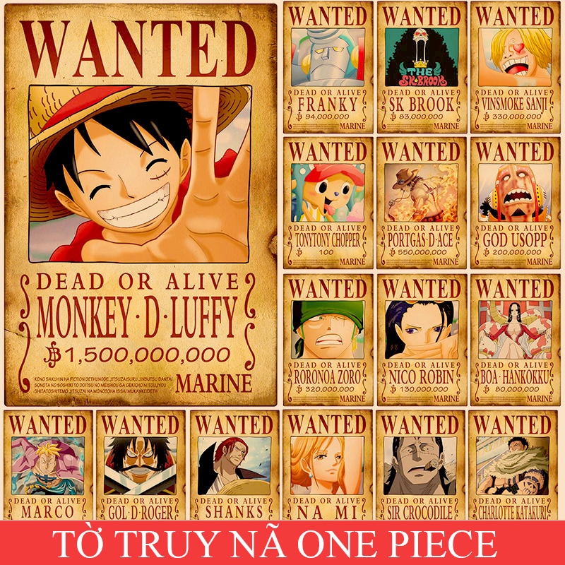 Combo Poster Truy Nã One Piece Kích Thước 51*36 cm - Tờ Truy Nã Nhân Vật Hoạt Hình One Piece Dán Tường Siêu Đẹp