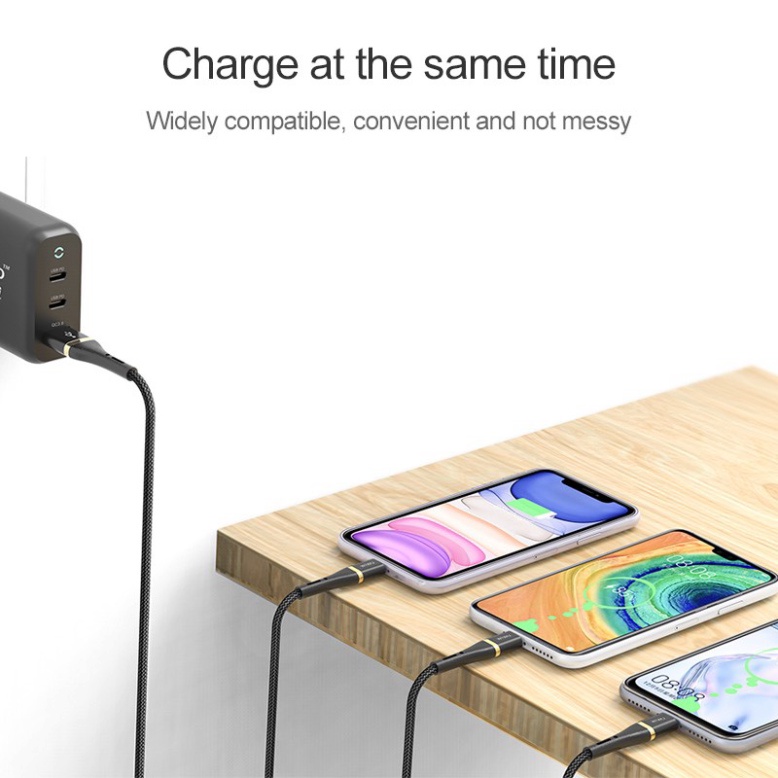 Cáp sạc nhanh 3 đầu WIWU Elite cable 3 in 1 cho tất cả các loại điện thoại, Chống cháy nổ, chống gẫy đầu