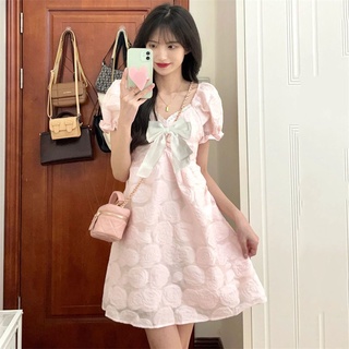 Đầm chữ a cổ vuông tay phồng thắt nơ eo cao thời trang mùa hè cho nữ
