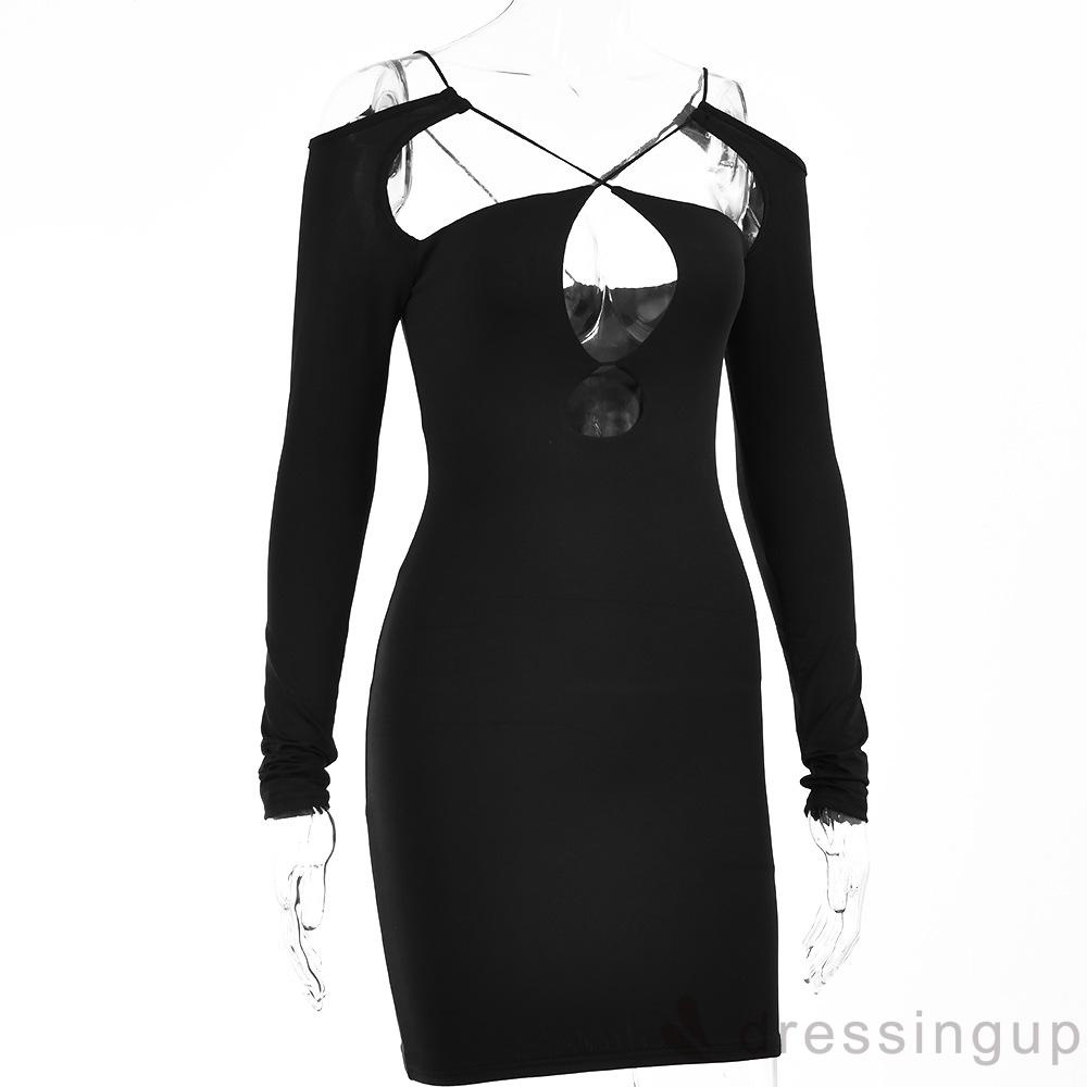 DRE-Women´s Bodycon Dress, Solid Color Long Sleeve Hollow Bandage Backless Mini Short Dress