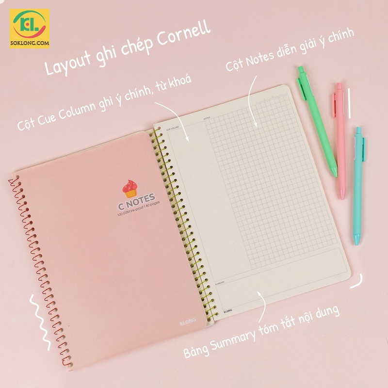 Sổ note cornell Klong B5 80 trang lò xo đơn C Notes tích hợp dot và caro mm VPPKLONG, tập vở Klong MS 586