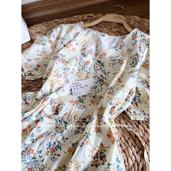 Váy Đầm Babydoll Hoa Nhí Vintage Cổ Tim Tay Lửng Chất Đũi Thô Xinh
