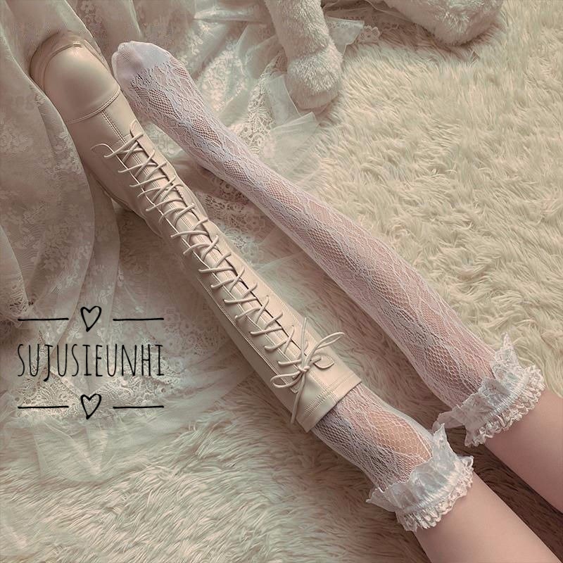 (2 màu-3chiều dài) Tất/vớ (bắp,đầu gối,đùi) ren hoa bèo nhún phong cách lolita dễ thương