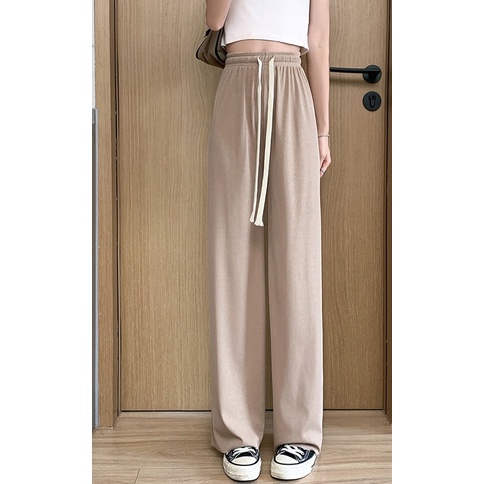 Quần Jogger Ống Rộng Suông Dài Nữ vải da cá cotton tăm, Quần ống suông dáng dài xuất Hàn cao cạp chun có dây rút vải mát