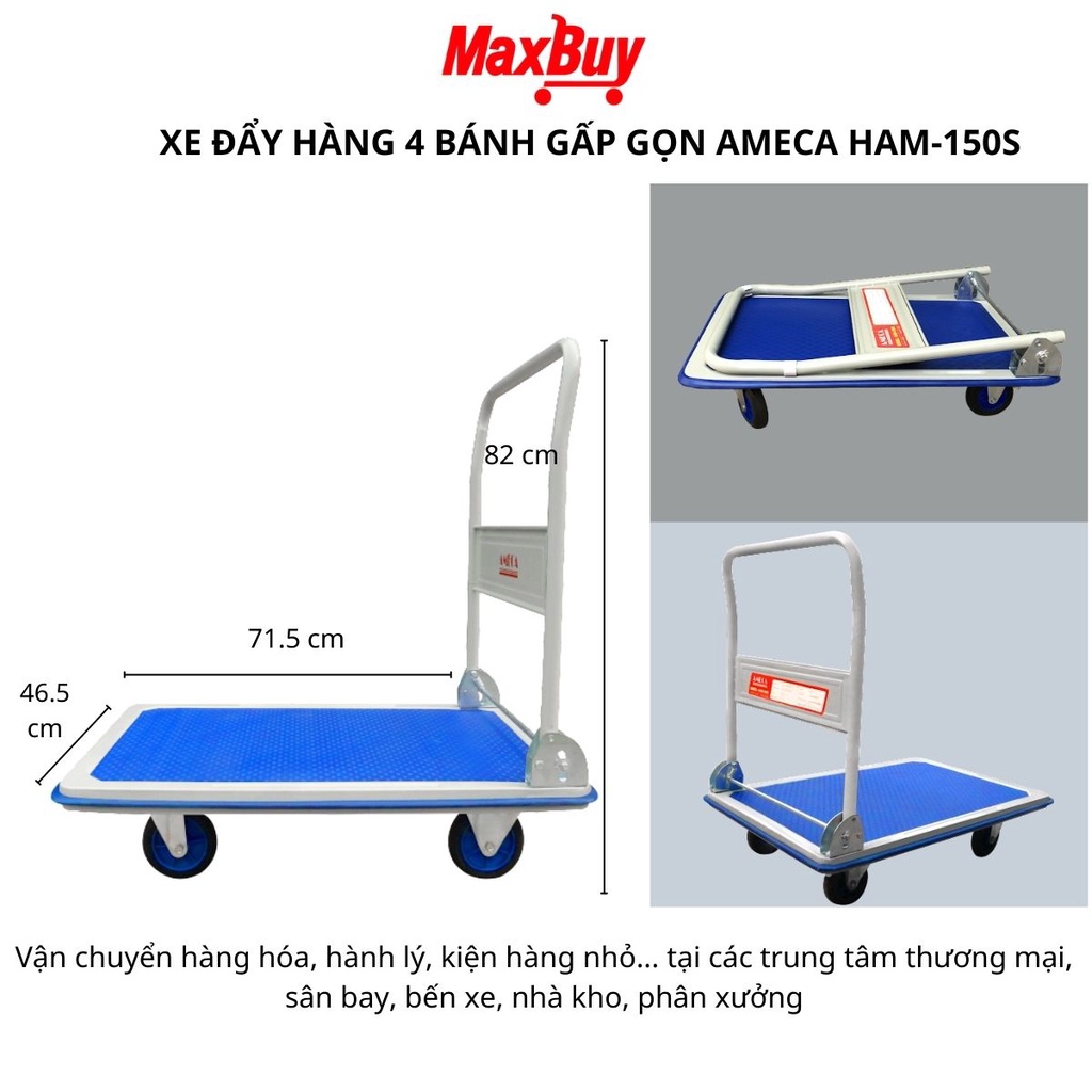 Xe đẩy hàng kéo hàng 4 bánh sàn thép giảm ồn tốt gấp gọn tiện lợi Ameca HAM-150S bảo hành 12 tháng giao hỏa tốc HN