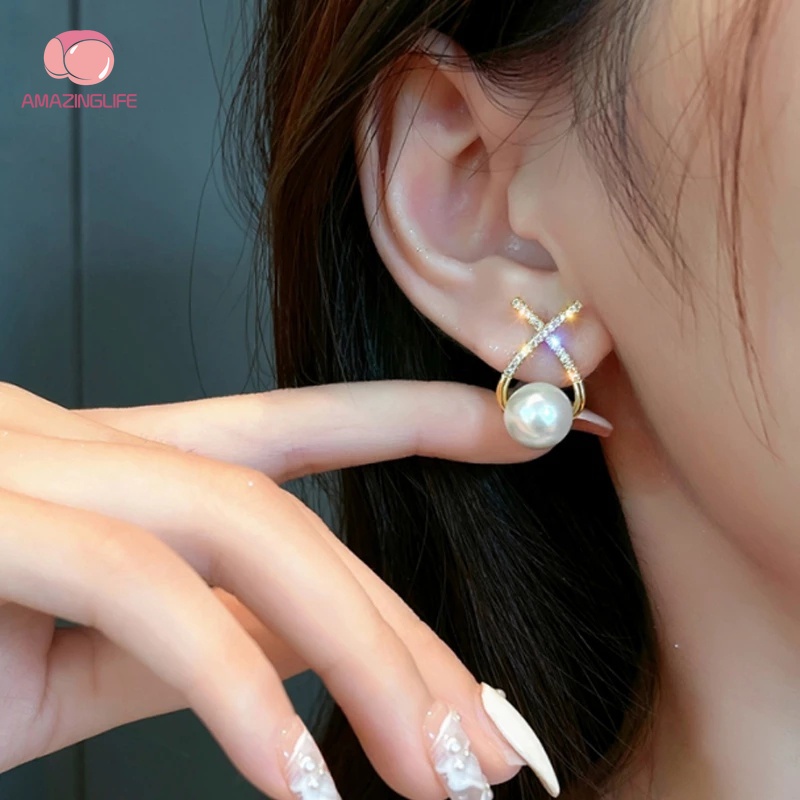 Khuyên Tai Đính Hạt Ngọc Trai / Đá Giả Kim Cương / Ngọc Trai Hình Chữ Thập Thanh Lịch Cổ Điển Cho Tiệc Cưới