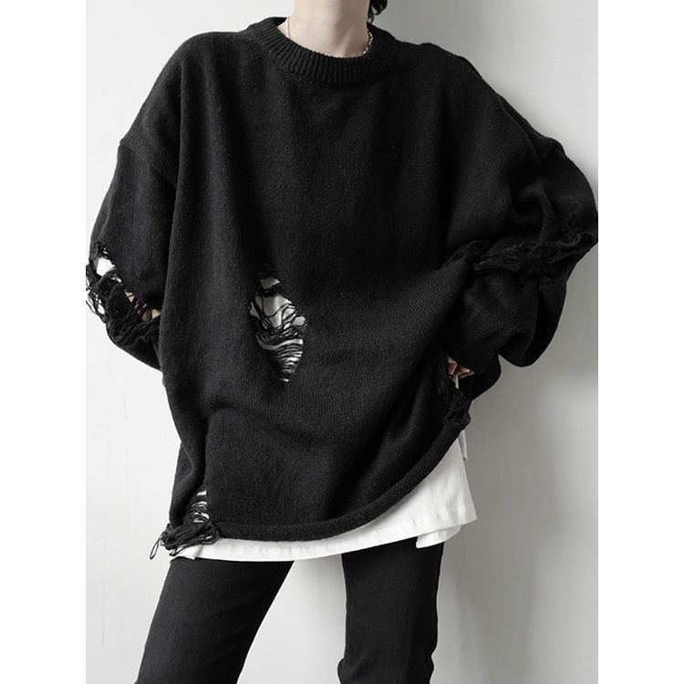 Áo sweater rách iMaodou dáng rộng thời trang thu đông phong cách Hồng Kông cho nam nữ