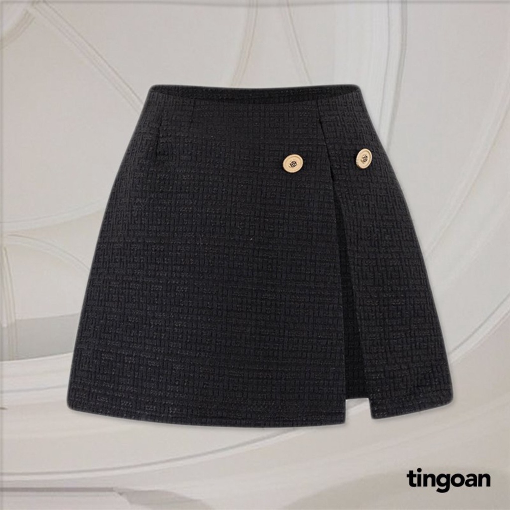 TINGOAN® - Chân váy tweed cạp lưng cao xẻ vạt đen tingoan IN PARIS TWEED SKIRT/BL (có quần trong)