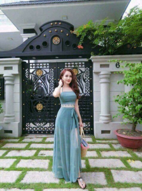 (free chỉnh sửa váy) Sét maxi bikini 3 món áo yếm + váy xẻ tà + quần váy