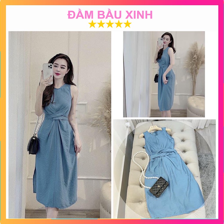 Đầm Đũi Suông Xoắn Eo Váy Sát Nách Dây Buộc Thắt Eo Xanh Cô Ban Xinh Xắn