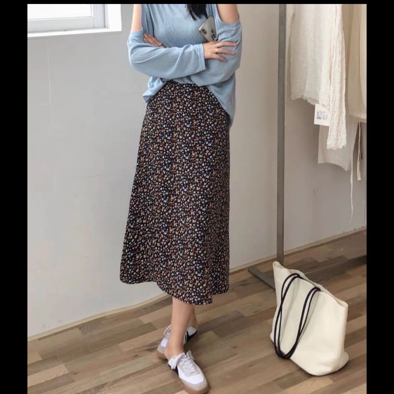 Chân váy hoa nhí chấm bi midi vintage ảnh thật