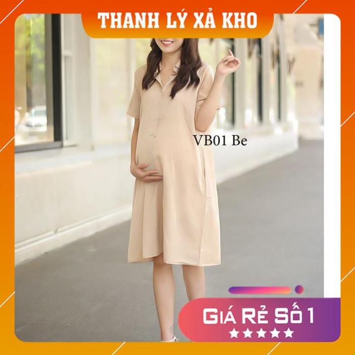 - Đầm bầu công sở, dạo phố đũi Hàn màu be siêu xinh