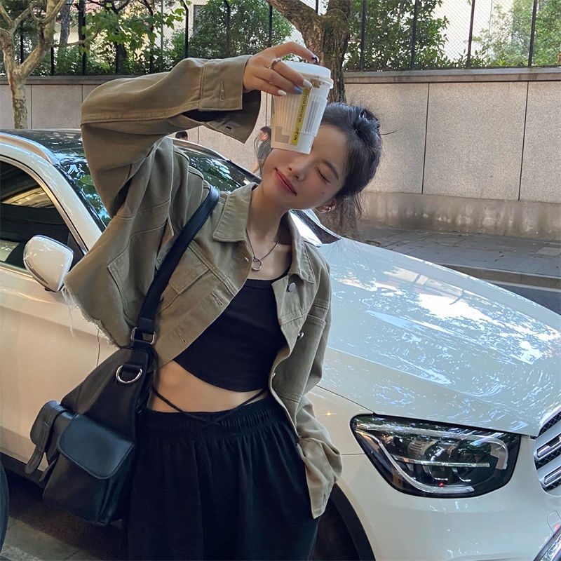 Áo khoác cardigan ngắn vải denim kiểu retro Hong Kong thời trang ngọt ngào cho nữ