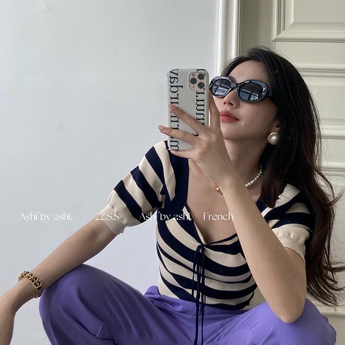 Áo dệt kim ZHELIHANGFEI ngắn tay cổ vuông kẻ sọc phối dây buộc thời trang trẻ trung