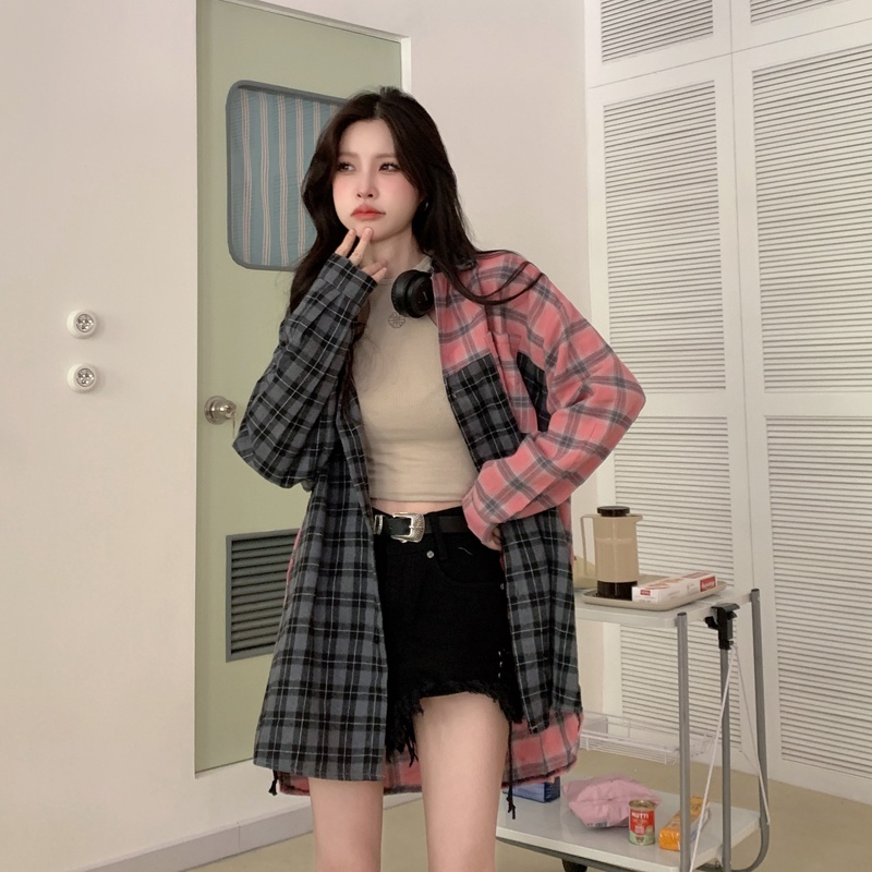 SUXI Áo Sơ Mi Caro Tay Dài Dáng Rộng Phong Cách Vintage Cho Nữ