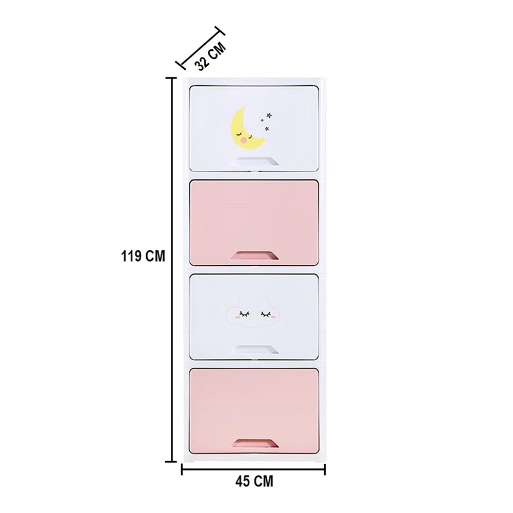 HomeBase STACKO Tủ nhựa 4 ngăn kéo hoạt hình TINY W45xH119xD32cm màu hồng pastel