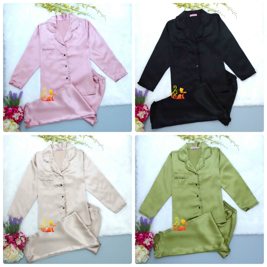 Đồ Bộ Mặc Nhà Pijama Phi Lụa " Viền Bèo " Tay Dài Cao Cấp - Dưới 60kg. | BigBuy360 - bigbuy360.vn