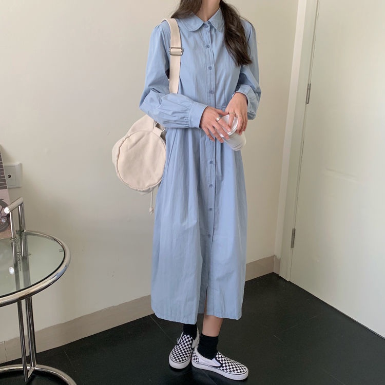 Đầm Midi Dáng Chữ A Tay Dài Màu Trơn Phong Cách Hàn Quốc Thời Trang Cho Nữ