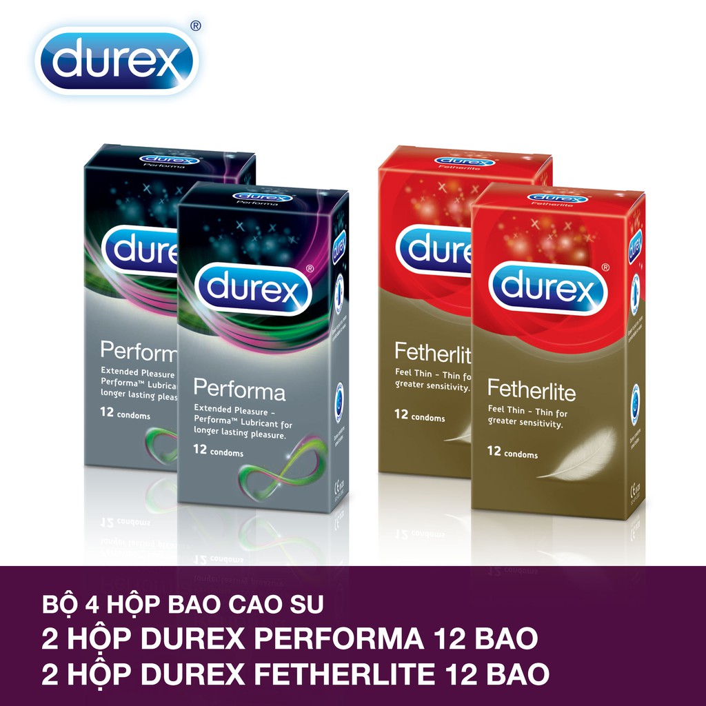 Bộ 4 hộp bao cao su Durex Performa 12 bao và Durex Fetherlite 12 bao