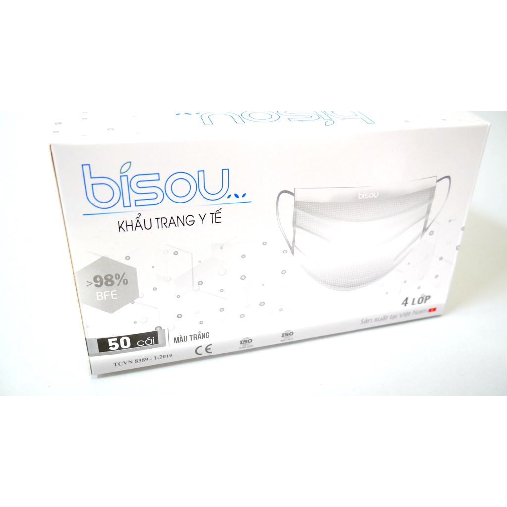 Khẩu trang y tế BISOU TRẮNG, ĐEN, XÁM, XANH, VÀNG 4 lớp - hộp 50 cái