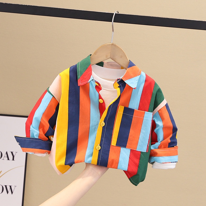 Áo Khoác Sơ Mi Tay Dài Vải Cotton Mềm Mại Màu Cầu Vồng Kiểu Hàn Quốc Dễ Thương Cho Bé Trai