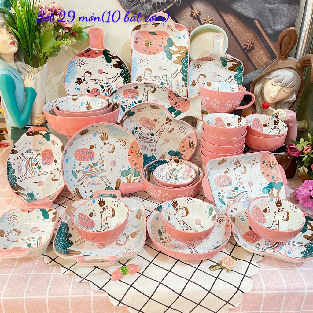 Tổng hợp những sét bát đĩa gốm sứ hươu hồng decor trang trí đồ ăn siêu đẹp