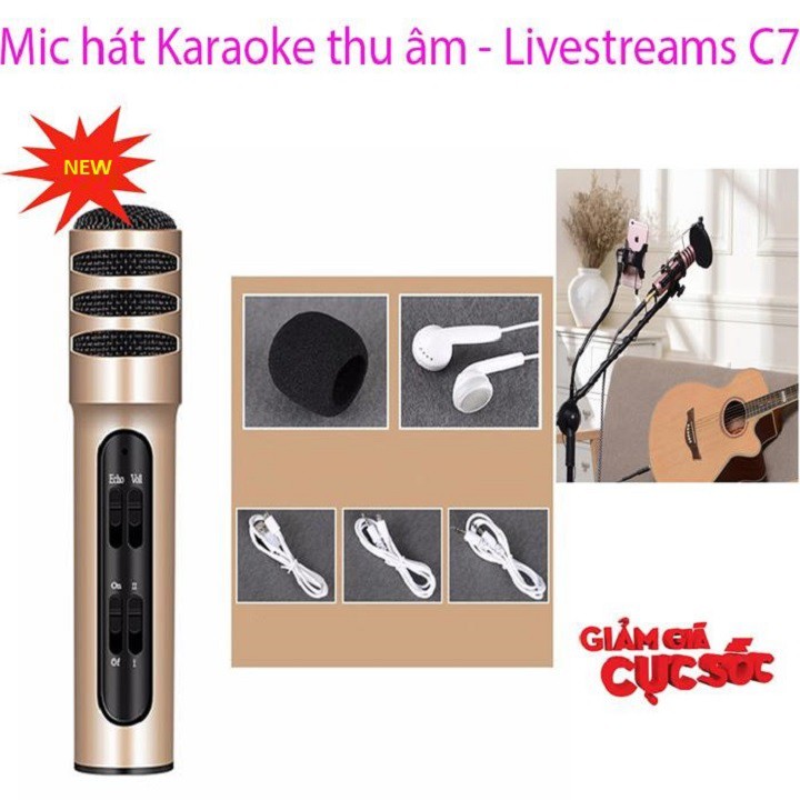 Micro Karaoke Livestream Thu Âm C7 Âm Thanh Chuyên Nghiệp + Tặng Tai Nghe nhét tai