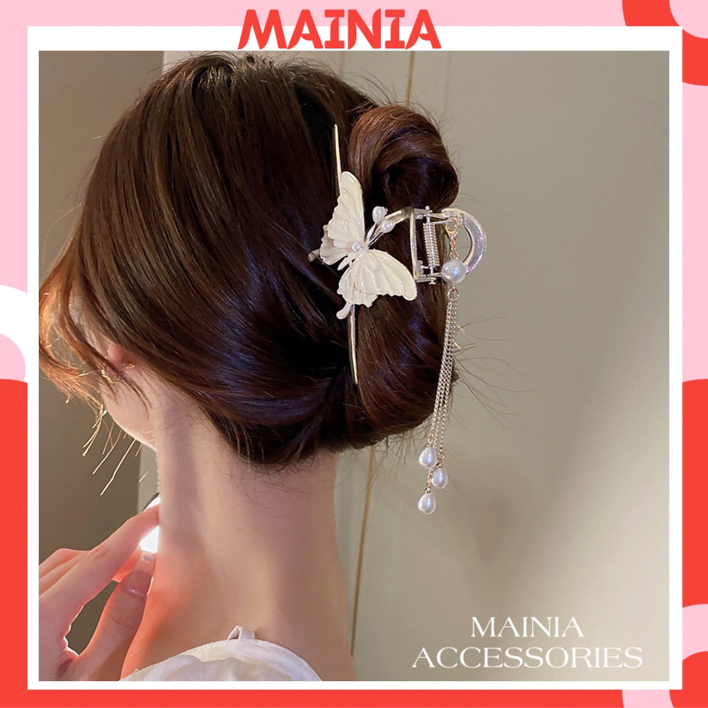 Kẹp Tóc Càng Cua Kim Loại Hàn Quốc Butterfly Trắng Đính Dây Ngọc Siêu Sang Chảnh Kẹp Tóc Đi Chơi Đi Tiệc Mainia Shop