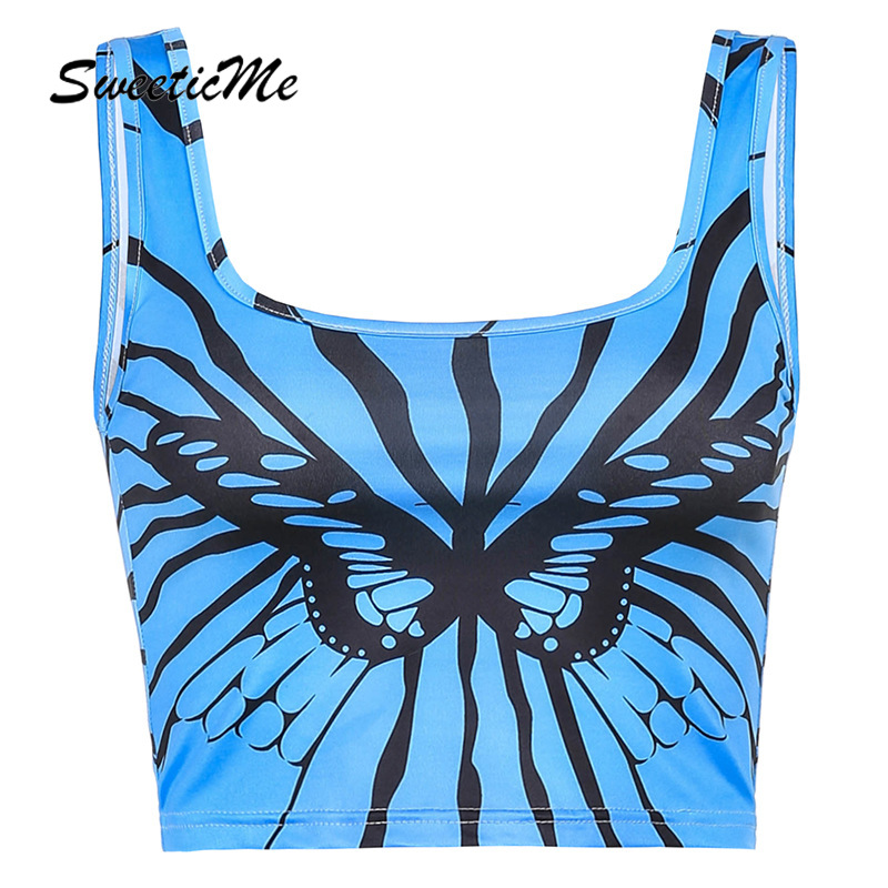 Áo Croptop Sát Nách In Hình Bướm Phối Màu Tương Phản Quyến Rũ Cho Nữ 2021