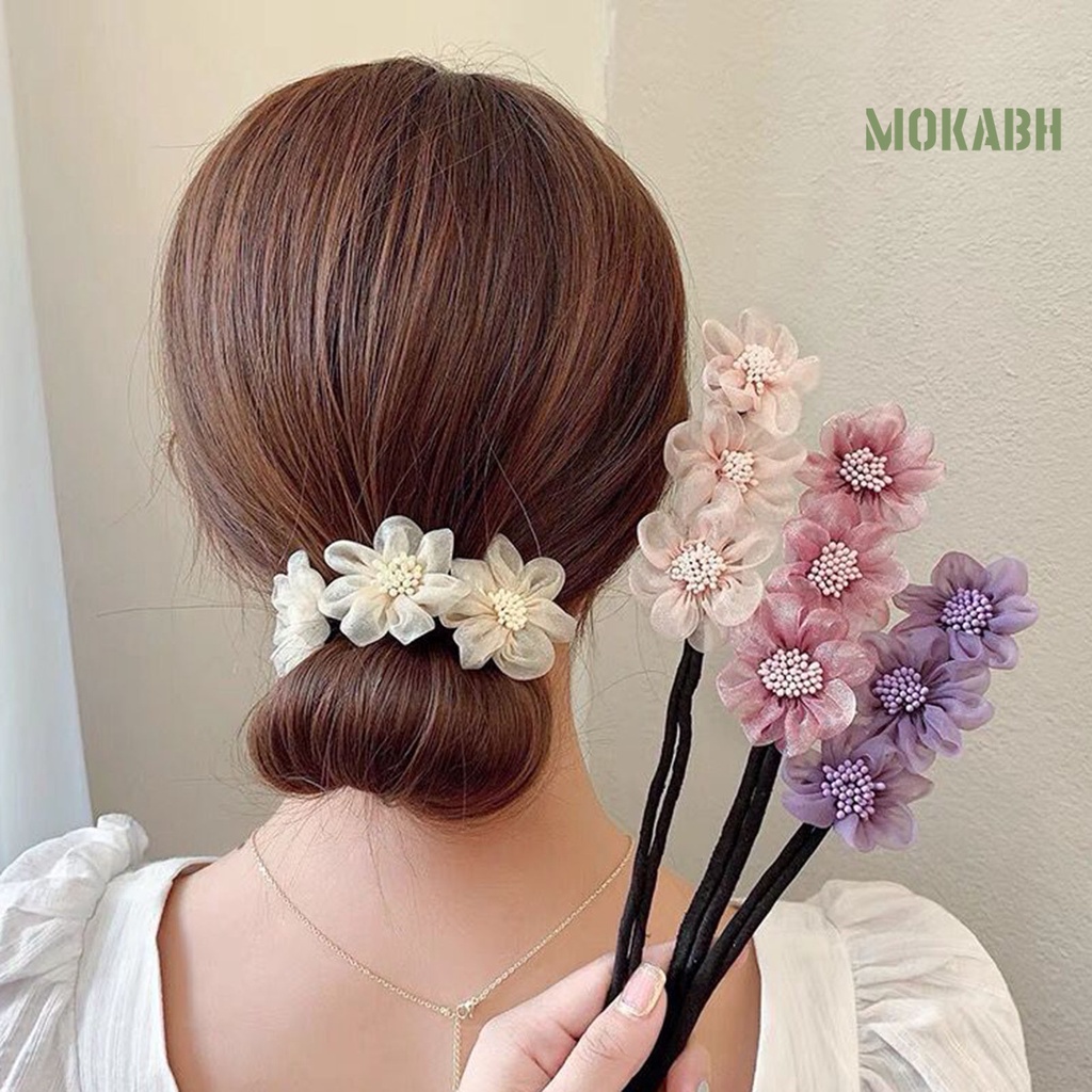 [mokabh] Kẹp Tóc Ba Bông Hoa Trang Trí Đầu Tròn Lưới Nụ Nụ Hoa Trang Sức