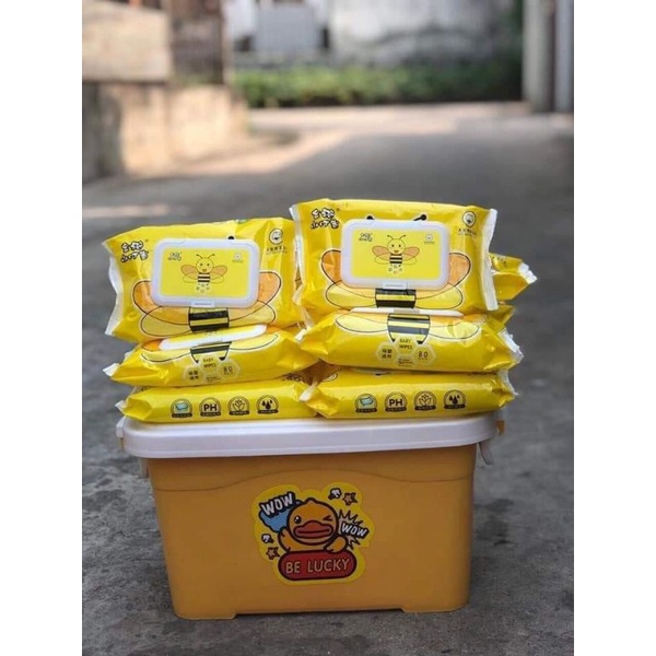 Khăn giấy ướt vịt vàng 1 gói - mua combo 10 gói tặng kèm thùng nhựa tiện dụng siêu đáng yêu