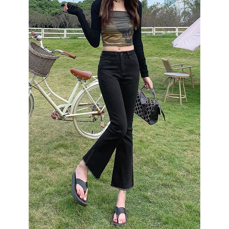 Quần Jean Ống Loe Cạp Cao Dáng Dài Siêu Hot Chất Mềm Co Giãn Tốt