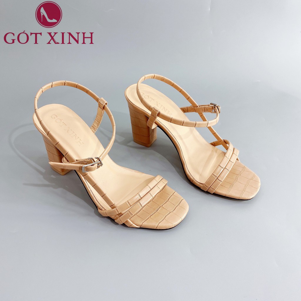 Giày sandal cao gót nữ 7cm GÓT XINH GD11 quai ngang da mềm gót vuông
