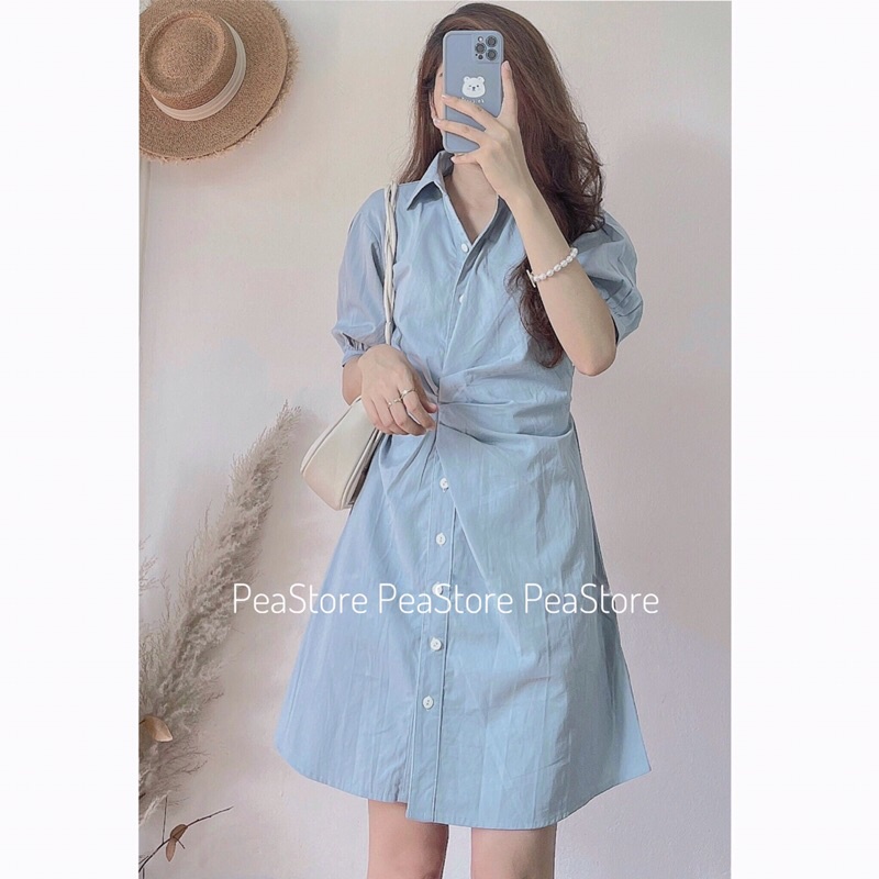 Váy Sơ Mi Xoắn Eo Cúc Dọc/Váy Thiết Kế Xếp Li Dúm Eo [Ảnh thật/Sẵn] | BigBuy360 - bigbuy360.vn