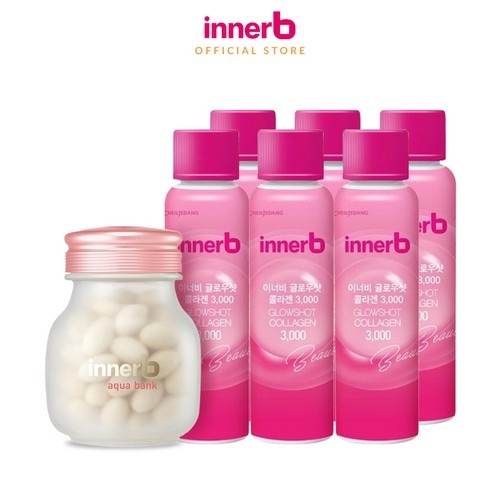 Bộ đôi giữ ẩm, sáng da InnerB Aqua Bank lọ 56 viên & hộp 6 chai nước uống Collagen Glowshot