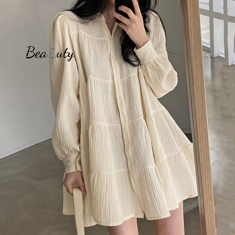Đầm babydoll MURIOKI tay phồng dáng rộng xếp ly phối hàng nút đơn giản thời trang Hàn Quốc