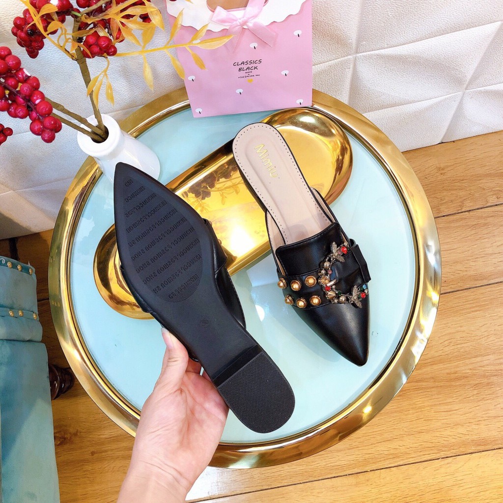 Giày sục nữ cao 2cm Bánh bèo, Giày  cao gót nữ đế vuông thời trang mũi nhọn nơ đá màu đen | BigBuy360 - bigbuy360.vn