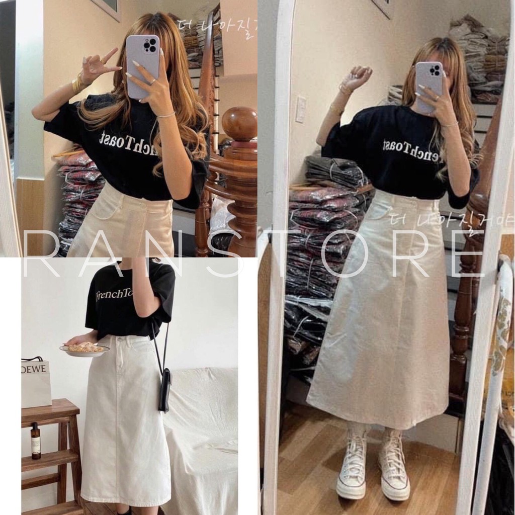Set bộ nữ áo phông cộc tay FRENCH phối chân váy kaki chữ A dáng dài/ Chân váy suông kèm áo thun tay lỡ dáng rộng unisex