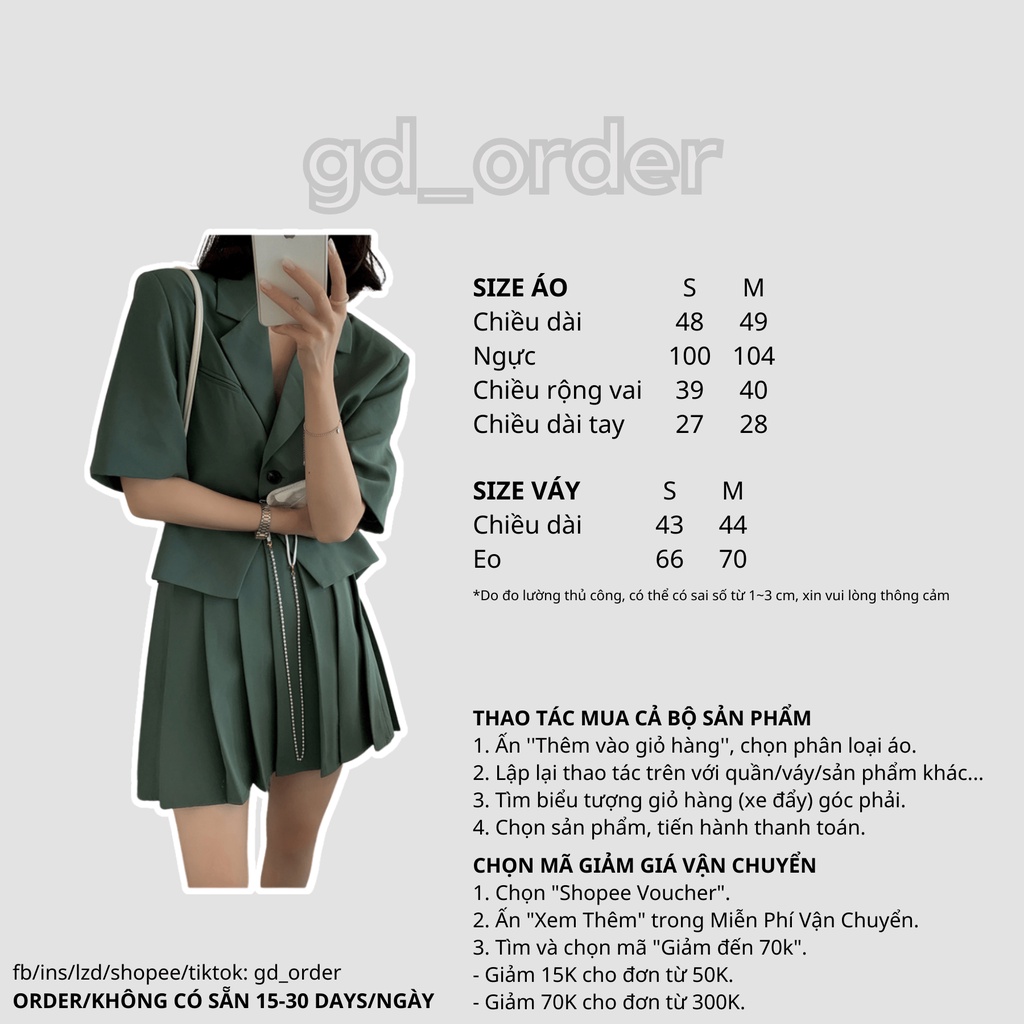 B53|Set bộ vest áo khoác ngắn tay, váy xếp ly cạp cao nhẹ nhàng màu vàng, xanh, nâu gd_order
