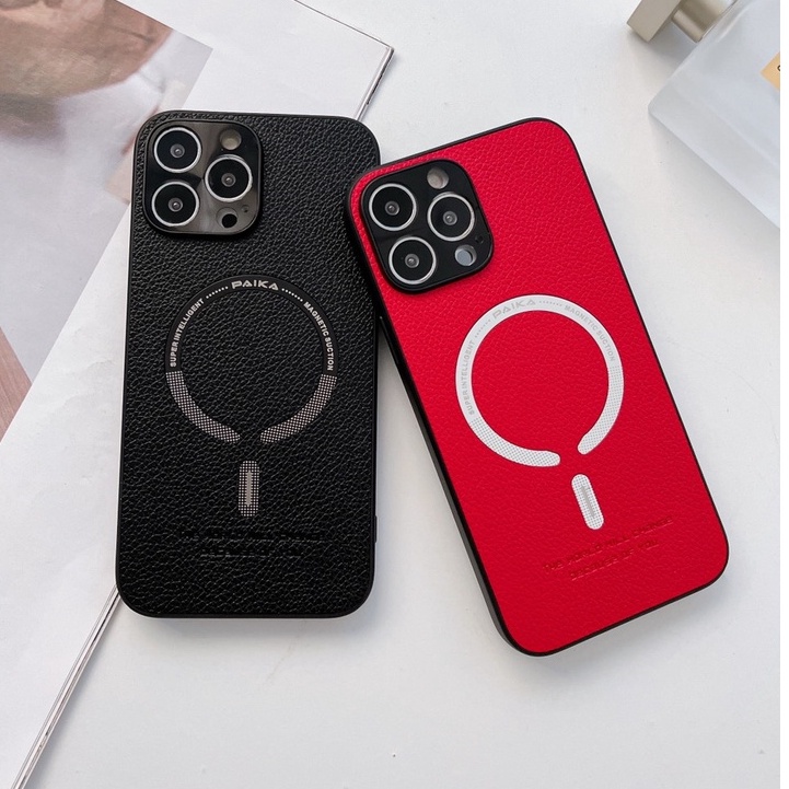 Ốp PAIKA lưng cứng vân da sần viền dẻo hỗ trợ sạc magsafe không dây cao cấp iPhone 14 PLUS PRO MAX