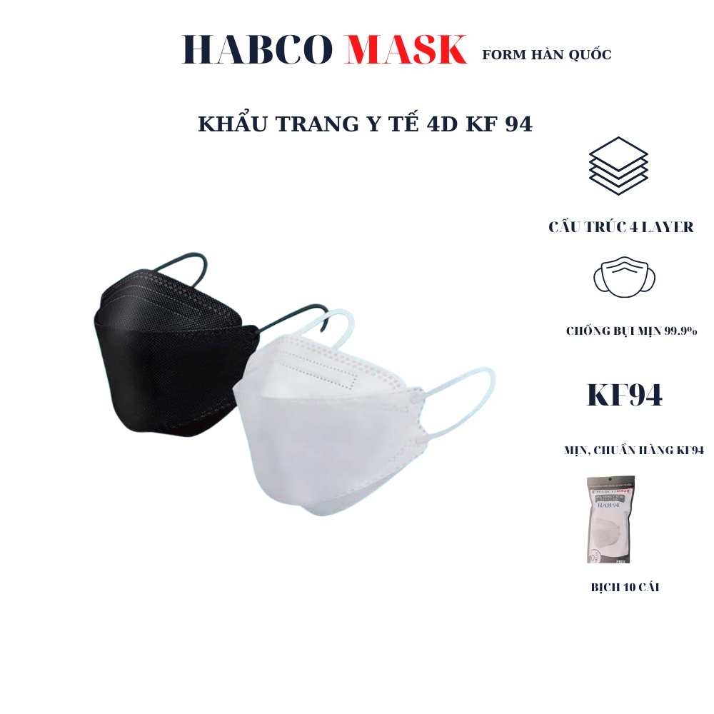 Khẩu trang  KF94 HABCO MASK,khẩu trang 4 lớp kháng khuẩn 99.9% Bịch 10 cái  Hàng Công Ty chuẩn đét