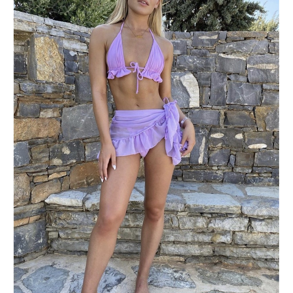 [BKN1395] &lt;ÂU&gt; SET BIKINI 3 MÓN VÀNG/TÍM LILAC KÈM KHĂN HÔNG VIỀN BÈO