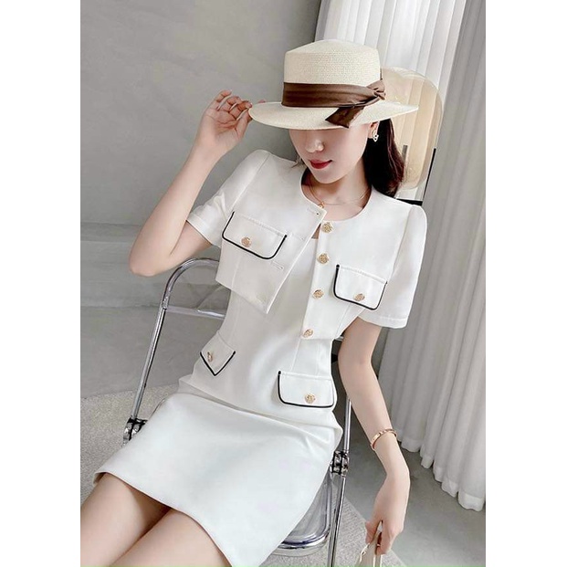 Đầm váy nữ ba lỗ phối viền mix áo khoác ngoài croptop đính nút xinh xắn, sang chảnh dành cho các nàng yêu đi chơi