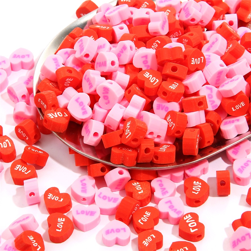 Bộ 30 hạt nhựa polymer hình trái tim màu đỏ/hồng 9mm dùng làm trang sức thủ công