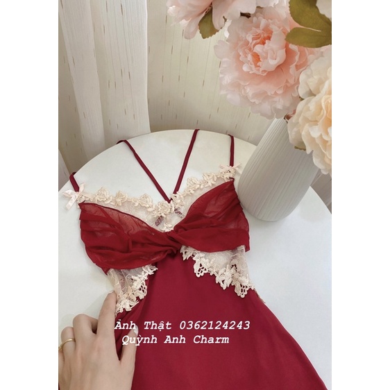 [FREESHIP] Váy ngủ sexy QCCC Váy ngủ lụa 2 dây quyến rũ nơ xoắn ngực (sẵn hàng)SP037