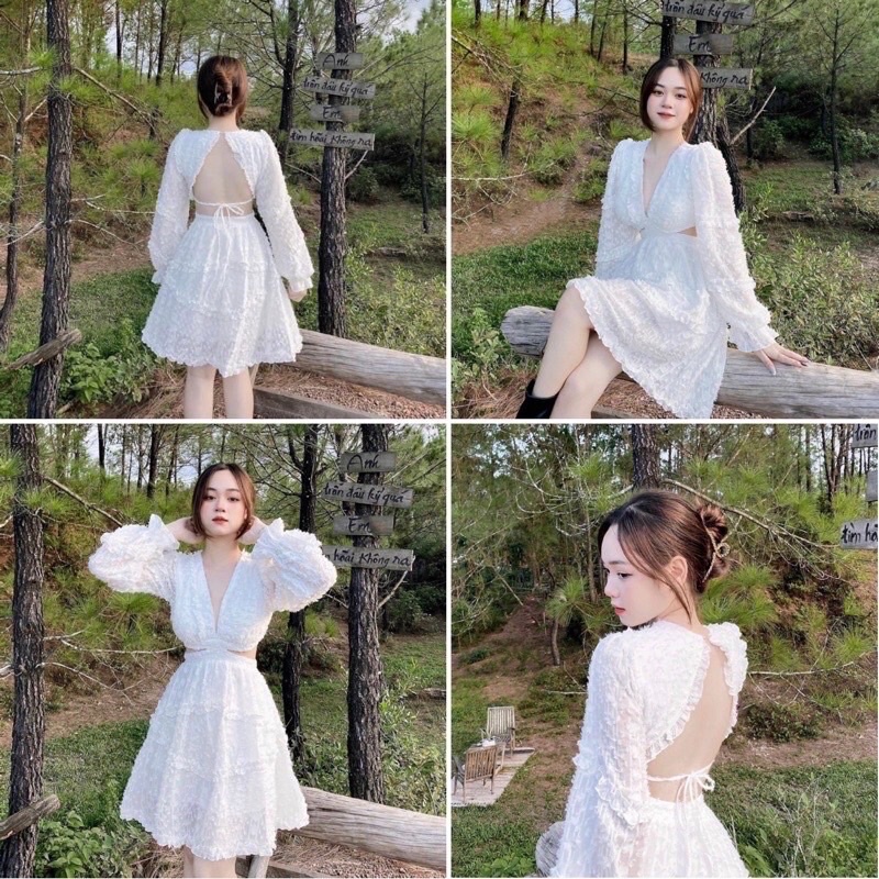 ĐẦM TRẮNG CUT OUT EO HỞ LƯNG TAY DÀI CỔ V