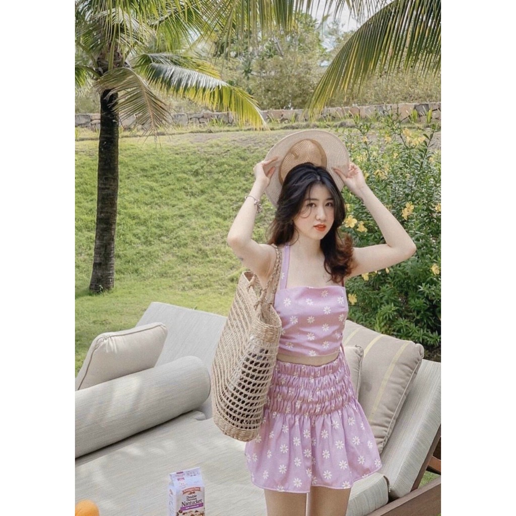 SET ÁO CROP HOA CỔ YẾM KÈM CHÂN VÁY