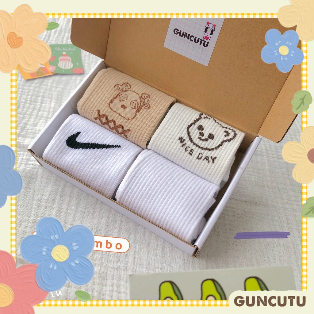 Set tất gấu cổ cao họa tiết basic dễ phối làm quà tặng - Guncutu