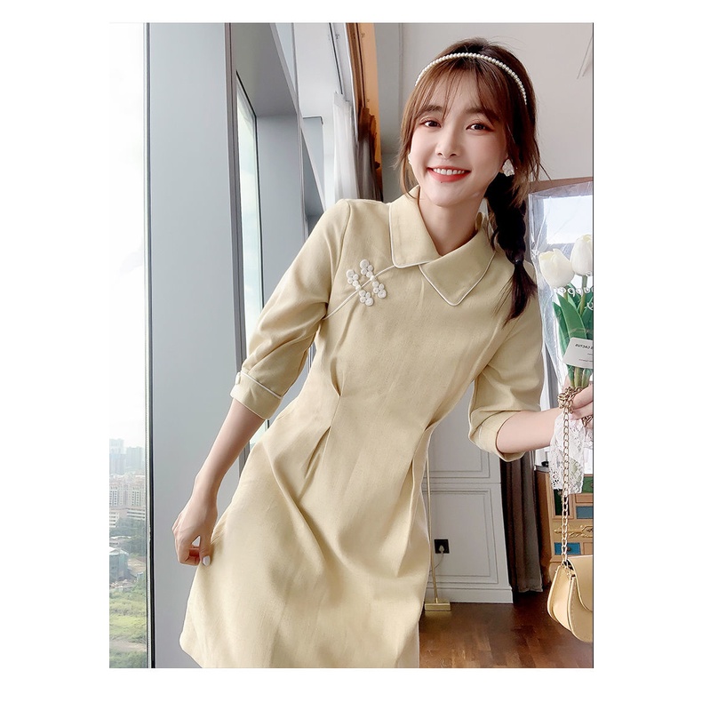2022 Spring and Autumn New Cheongsam improved version of the small doll collar medium-long dress temperament waist shows a thin woman